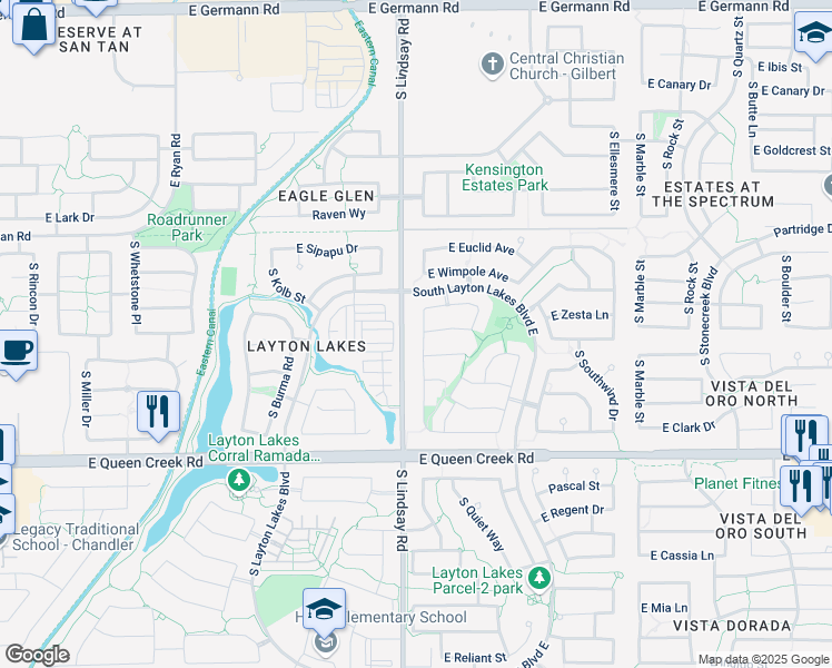 map of restaurants, bars, coffee shops, grocery stores, and more near 4584 South Twinleaf Drive in Gilbert