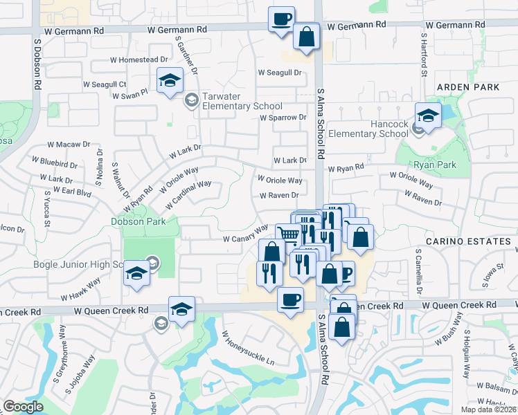 map of restaurants, bars, coffee shops, grocery stores, and more near 1220 West Goldfinch Way in Chandler