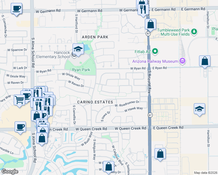 map of restaurants, bars, coffee shops, grocery stores, and more near 343 West Raven Drive in Chandler