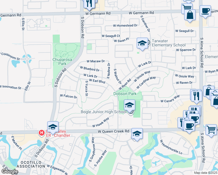 map of restaurants, bars, coffee shops, grocery stores, and more near 1741 West Lark Drive in Chandler