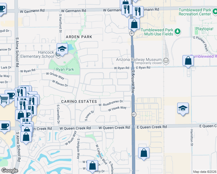 map of restaurants, bars, coffee shops, grocery stores, and more near 193 West Raven Drive in Chandler