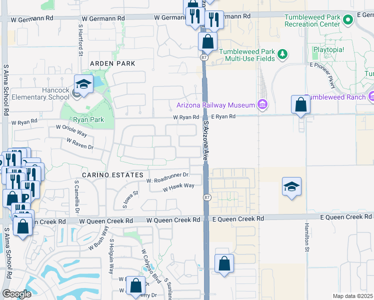 map of restaurants, bars, coffee shops, grocery stores, and more near 133 West Raven Drive in Chandler