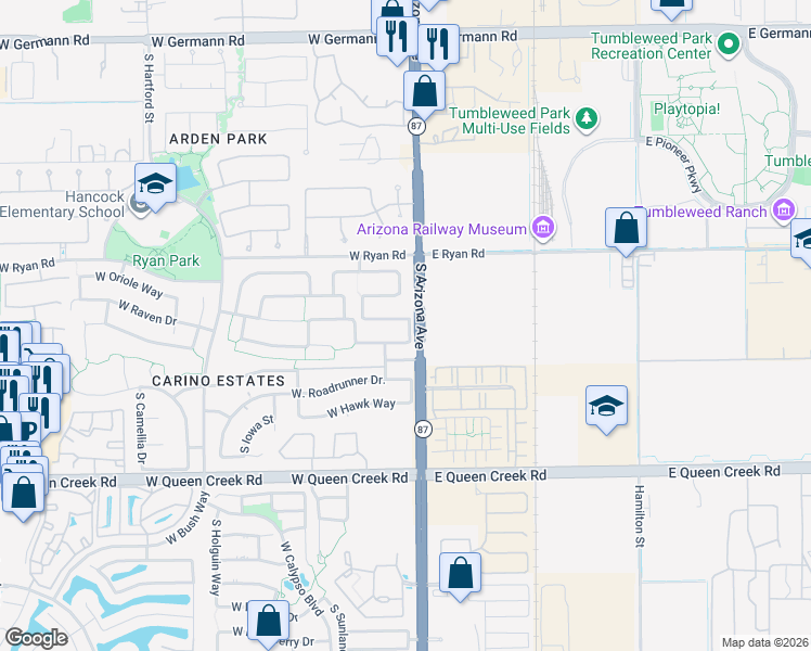 map of restaurants, bars, coffee shops, grocery stores, and more near 83 West Raven Drive in Chandler
