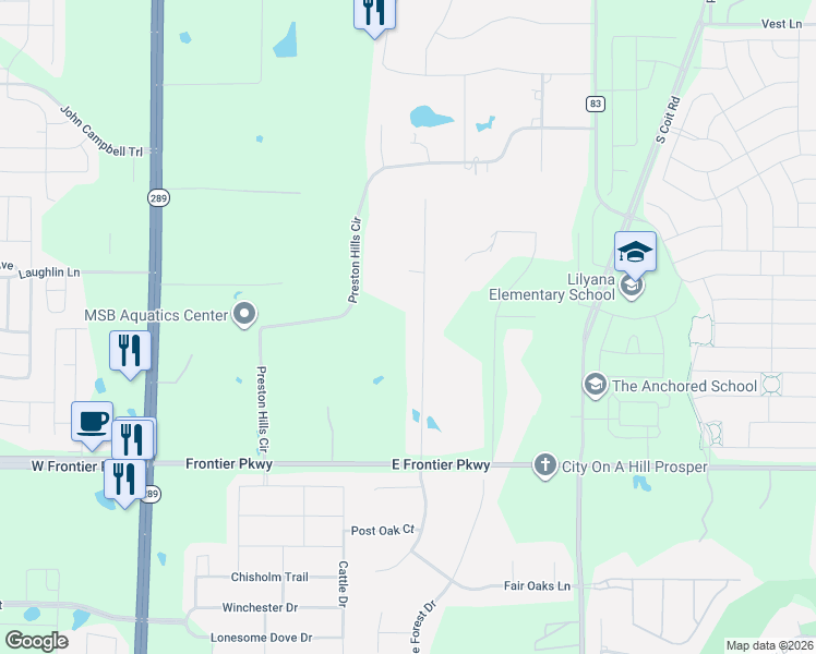 map of restaurants, bars, coffee shops, grocery stores, and more near 3303 Twin Lakes Dr in Prosper