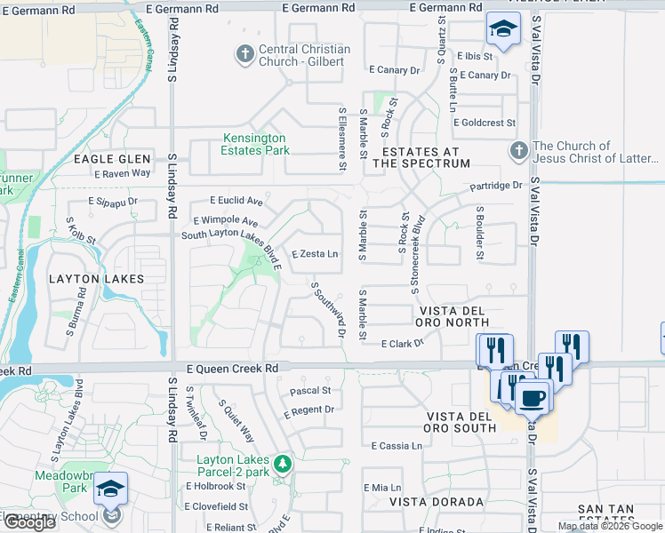 map of restaurants, bars, coffee shops, grocery stores, and more near 1154 East Furness Drive in Gilbert