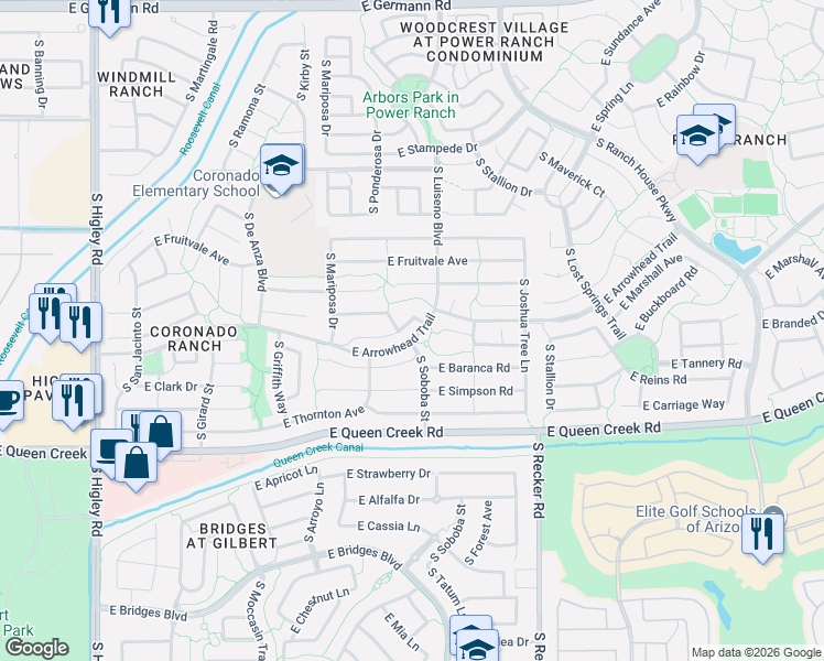 map of restaurants, bars, coffee shops, grocery stores, and more near 3797 East Diamond Road in Gilbert