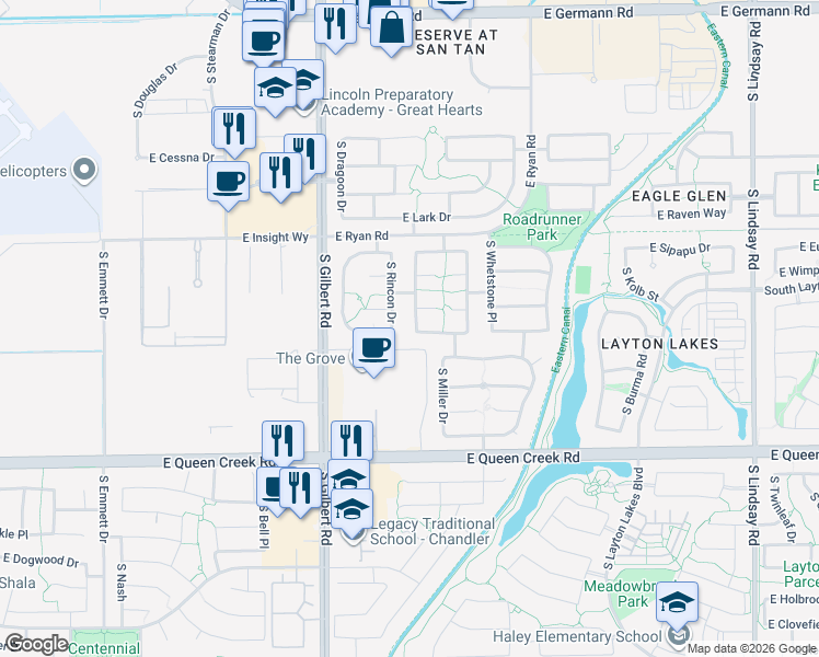 map of restaurants, bars, coffee shops, grocery stores, and more near 2704 South Four Peaks Way in Chandler