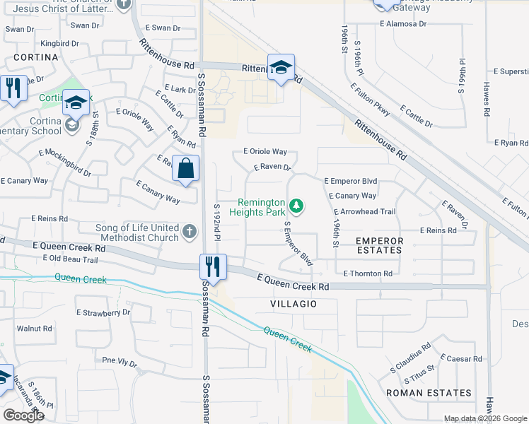 map of restaurants, bars, coffee shops, grocery stores, and more near 19358 East Arrowhead Trail in Queen Creek