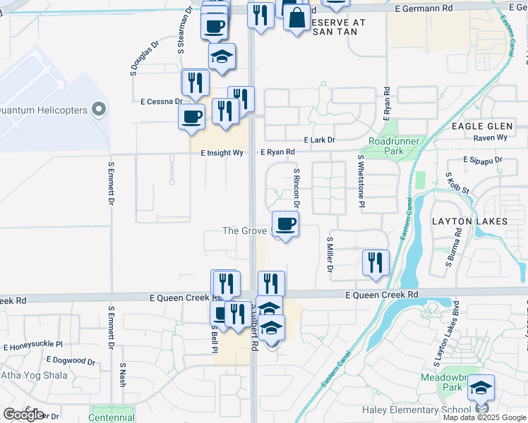 map of restaurants, bars, coffee shops, grocery stores, and more near 2690 South Dragoon Drive in Chandler
