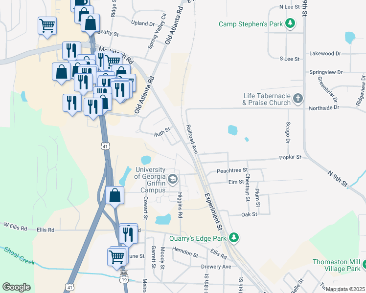 map of restaurants, bars, coffee shops, grocery stores, and more near 1345 Experiment Street in Griffin