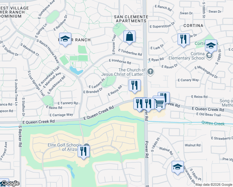 map of restaurants, bars, coffee shops, grocery stores, and more near 4631 East Reins Road in Gilbert