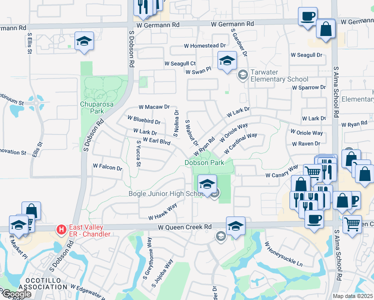 map of restaurants, bars, coffee shops, grocery stores, and more near 1741 West Lark Drive in Chandler