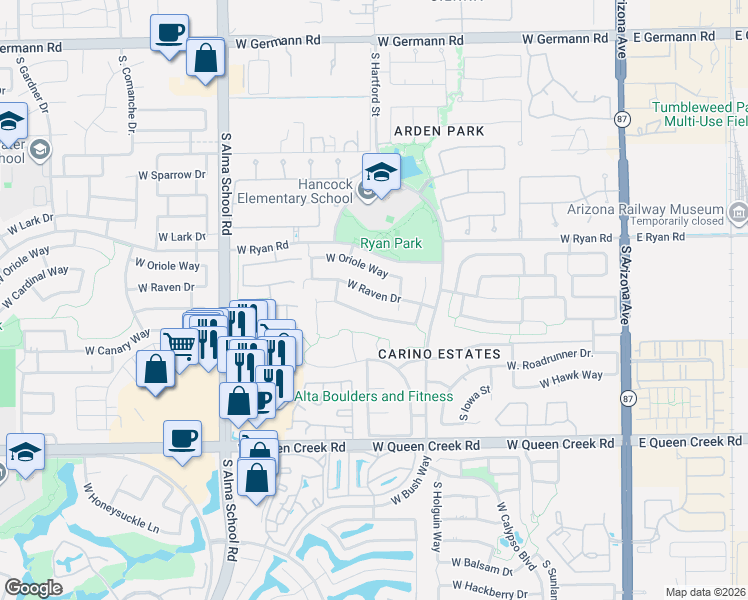 map of restaurants, bars, coffee shops, grocery stores, and more near 663 West Raven Drive in Chandler