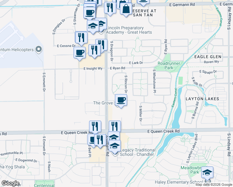 map of restaurants, bars, coffee shops, grocery stores, and more near 3098 East Goldfinch Way in Chandler
