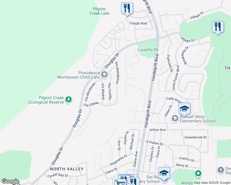 map of restaurants, bars, coffee shops, grocery stores, and more near 5122 Via Malaguena in Oceanside