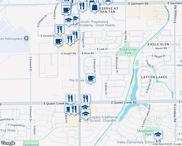 map of restaurants, bars, coffee shops, grocery stores, and more near 3098 East Goldfinch Way in Chandler
