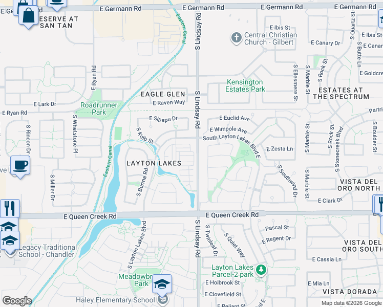 map of restaurants, bars, coffee shops, grocery stores, and more near 4584 South Twinleaf Drive in Gilbert