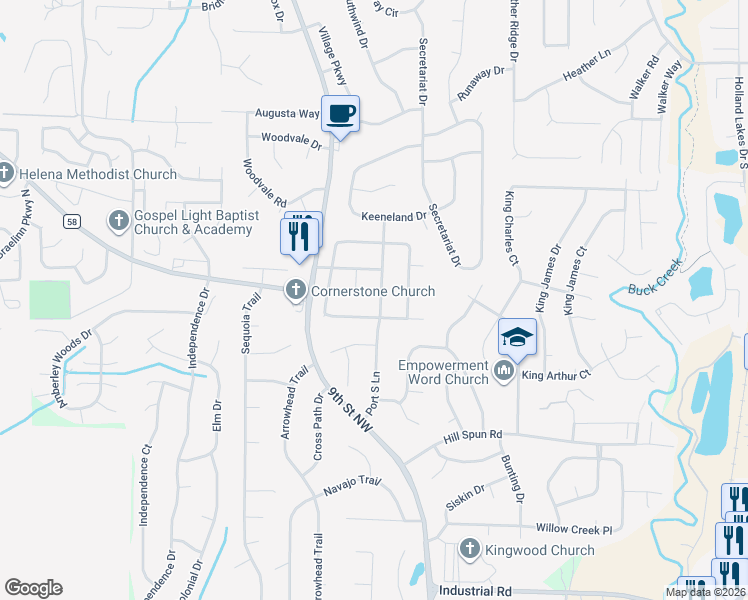 map of restaurants, bars, coffee shops, grocery stores, and more near 201 Port South Lane in Alabaster