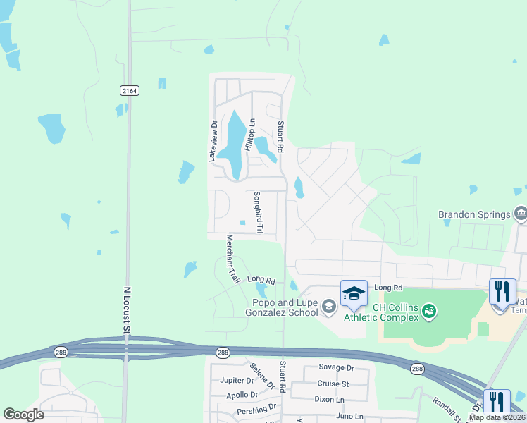 map of restaurants, bars, coffee shops, grocery stores, and more near 5408 Songbird Trail in Denton
