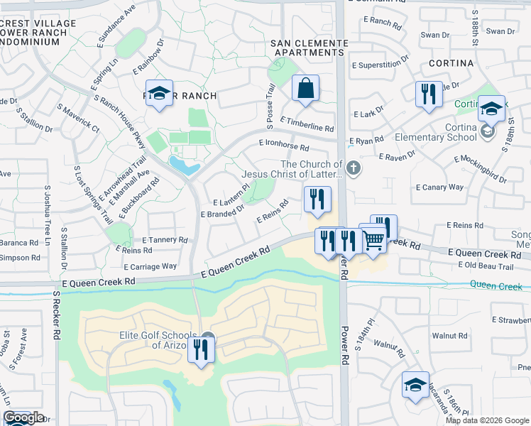 map of restaurants, bars, coffee shops, grocery stores, and more near 4631 East Reins Road in Gilbert