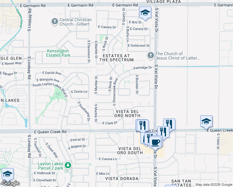 map of restaurants, bars, coffee shops, grocery stores, and more near 1365 East Lark Street in Gilbert