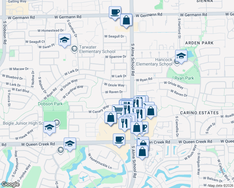 map of restaurants, bars, coffee shops, grocery stores, and more near 1159 West Goldfinch Way in Chandler