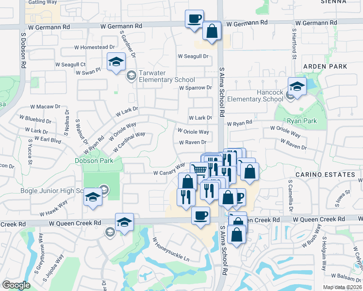 map of restaurants, bars, coffee shops, grocery stores, and more near 1220 West Goldfinch Way in Chandler