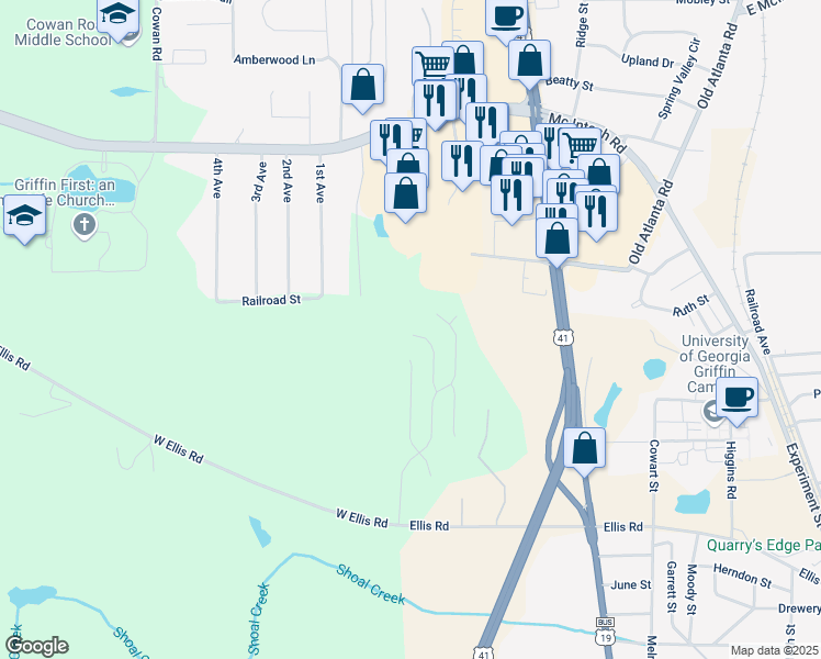map of restaurants, bars, coffee shops, grocery stores, and more near 121 Tuscany Lane in Griffin