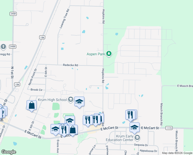 map of restaurants, bars, coffee shops, grocery stores, and more near 3595 Hopkins Road in Krum