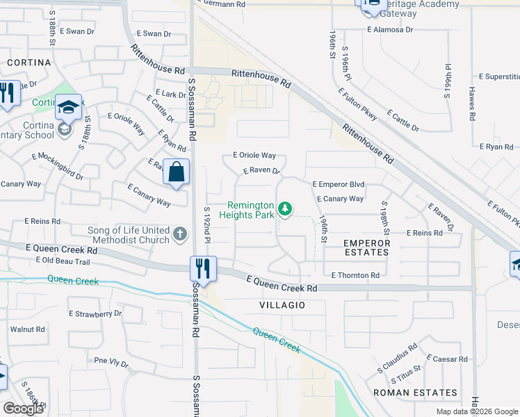 map of restaurants, bars, coffee shops, grocery stores, and more near 19430 East Arrowhead Trail in Queen Creek