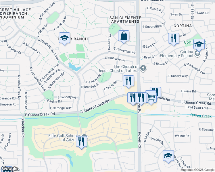 map of restaurants, bars, coffee shops, grocery stores, and more near 4631 East Reins Road in Gilbert
