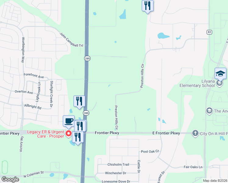 map of restaurants, bars, coffee shops, grocery stores, and more near 3315 Preston Hills Circle in Prosper