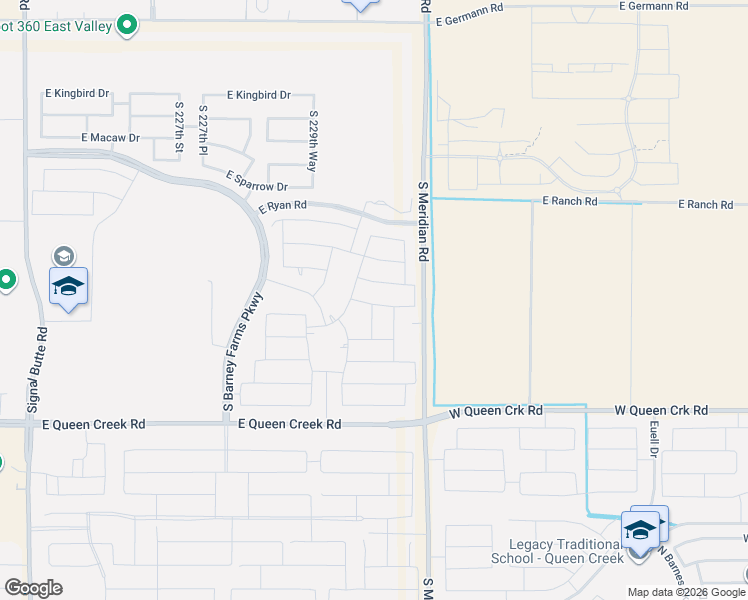map of restaurants, bars, coffee shops, grocery stores, and more near 19943 South 231st Street in Queen Creek