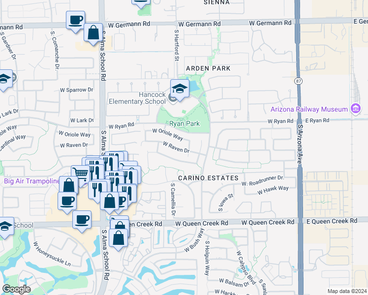 map of restaurants, bars, coffee shops, grocery stores, and more near 642 West Raven Drive in Chandler