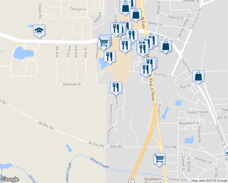 map of restaurants, bars, coffee shops, grocery stores, and more near 132 Tuscany Lane in Griffin