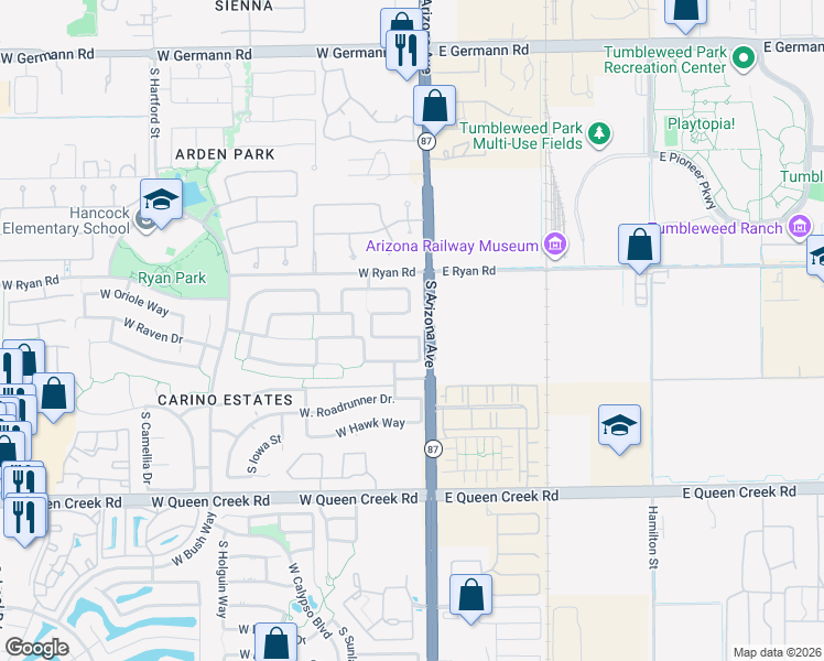 map of restaurants, bars, coffee shops, grocery stores, and more near 83 West Raven Drive in Chandler