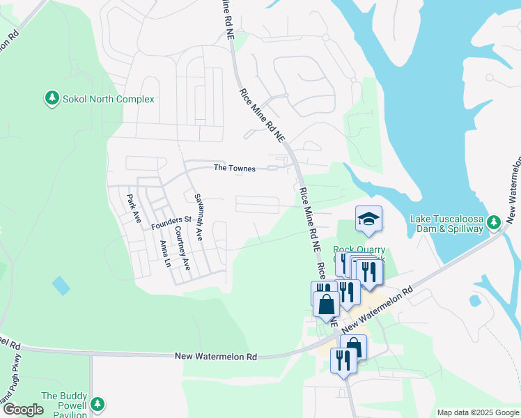 map of restaurants, bars, coffee shops, grocery stores, and more near 1220 Forest Oaks Lane in Tuscaloosa