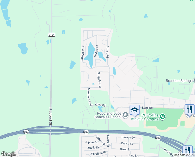 map of restaurants, bars, coffee shops, grocery stores, and more near 5408 Songbird Trail in Denton