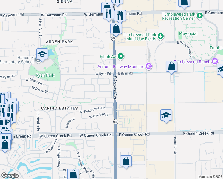 map of restaurants, bars, coffee shops, grocery stores, and more near 83 West Raven Drive in Chandler