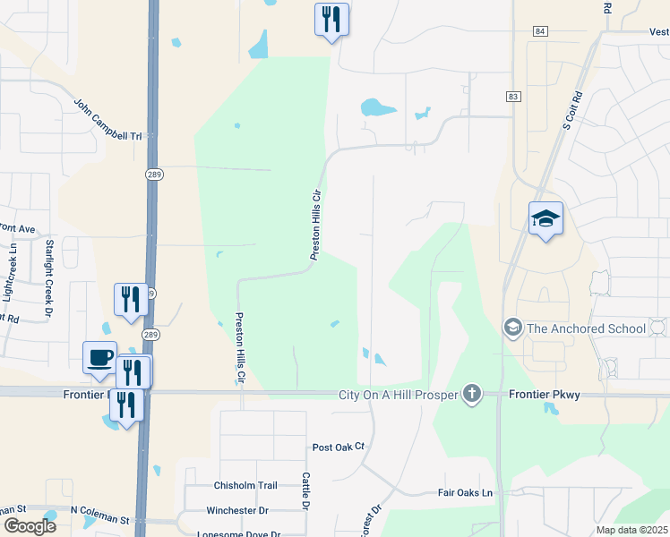 map of restaurants, bars, coffee shops, grocery stores, and more near 3488 Preston Hills Cir in Prosper