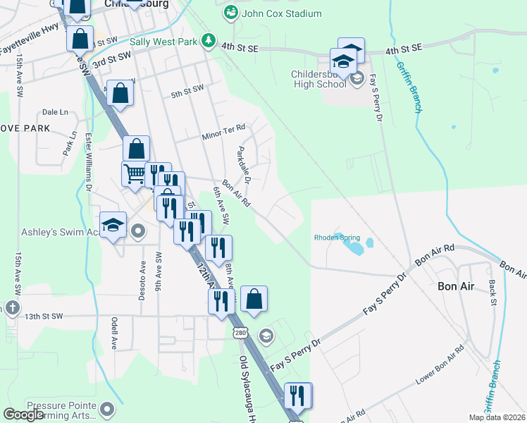 map of restaurants, bars, coffee shops, grocery stores, and more near 302 Bon Air Road in Childersburg