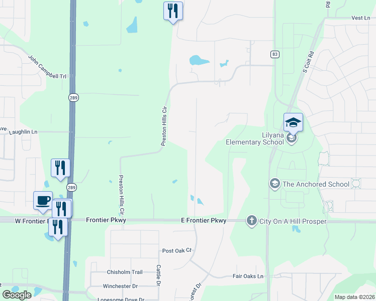 map of restaurants, bars, coffee shops, grocery stores, and more near 3303 Twin Lakes Drive in Prosper