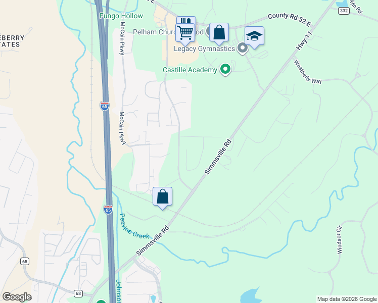 map of restaurants, bars, coffee shops, grocery stores, and more near Huntley Parkway in Pelham