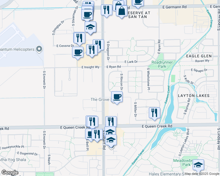 map of restaurants, bars, coffee shops, grocery stores, and more near 2690 South Dragoon Drive in Chandler