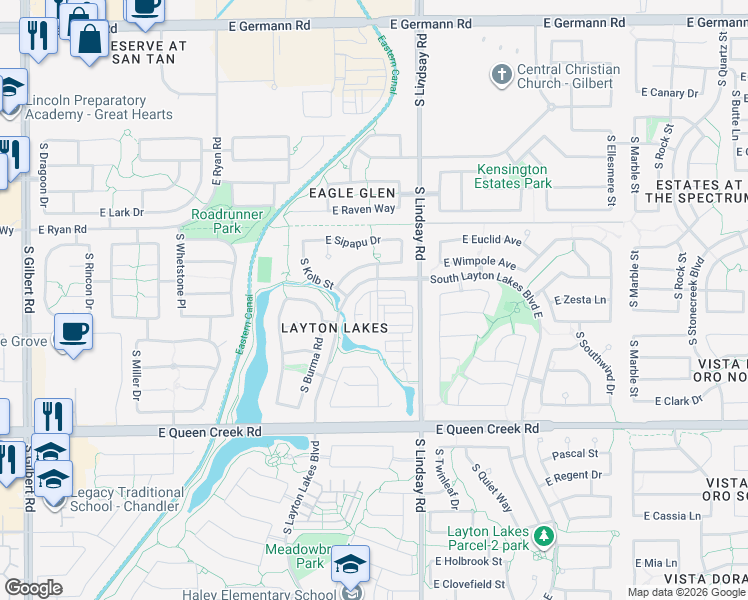 map of restaurants, bars, coffee shops, grocery stores, and more near 735 East Furness Drive in Gilbert
