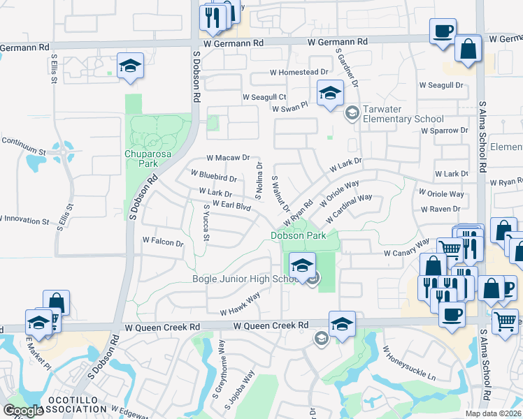 map of restaurants, bars, coffee shops, grocery stores, and more near 1741 West Lark Drive in Chandler