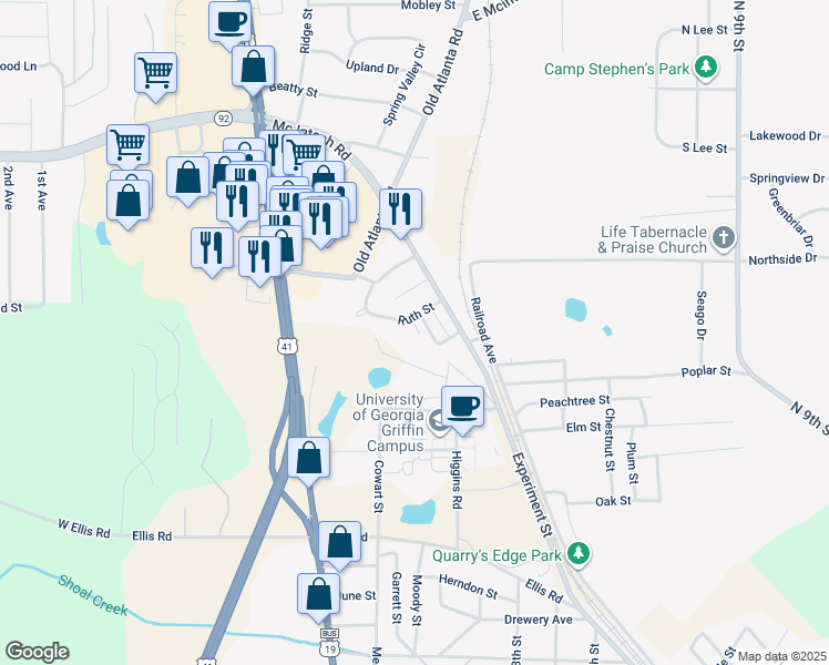 map of restaurants, bars, coffee shops, grocery stores, and more near 4 Edwards Street in Griffin