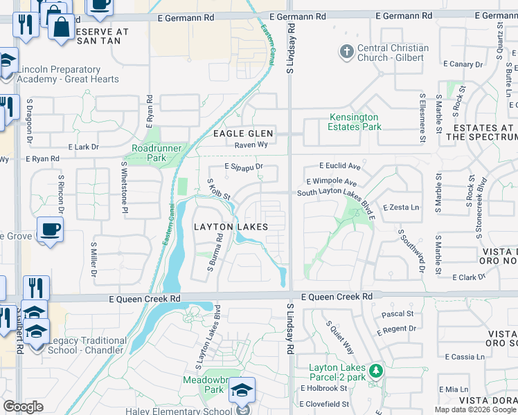 map of restaurants, bars, coffee shops, grocery stores, and more near 735 East Furness Drive in Gilbert
