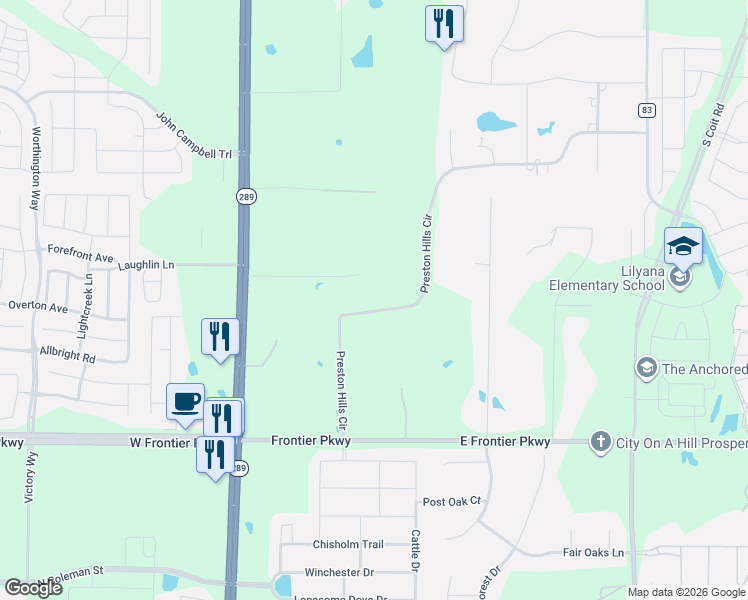 map of restaurants, bars, coffee shops, grocery stores, and more near 3367 Preston Hills Circle in Prosper