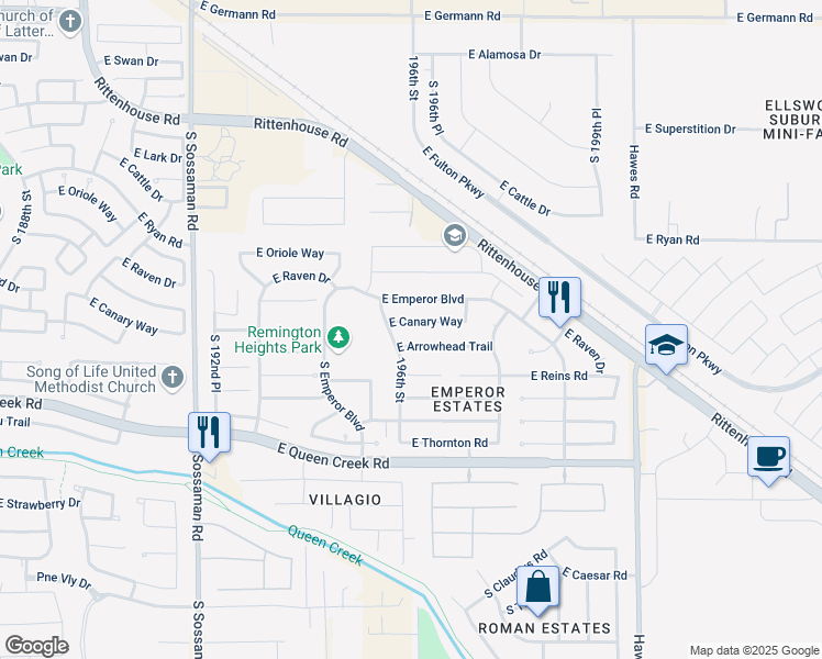 map of restaurants, bars, coffee shops, grocery stores, and more near 20050 South 196th Street in Queen Creek